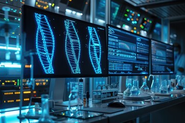 DNA structure sequencing data on multiple monitors in hightech laboratory setup featuring advanced. Symbolizing cutting edge genetic research. Health and science concept. Generative AI - obrazy, fototapety, plakaty