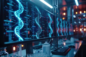 Deurstickers DNA structure sequencing data on multiple monitors in hightech laboratory setup featuring advanced. Symbolizing cutting edge genetic research. Health and science concept. Generative AI © Pungu x