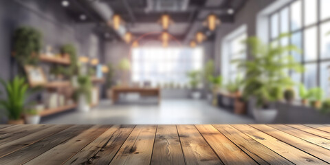 Modern hothouse space with diversity of pot flowers. Carefully curated collection that spans different species and horticultural varieties behind wooden table