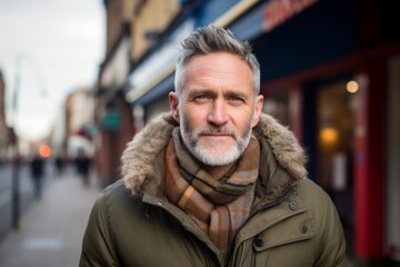 Portrait of a handsome senior man wearing warm clothing in the city.