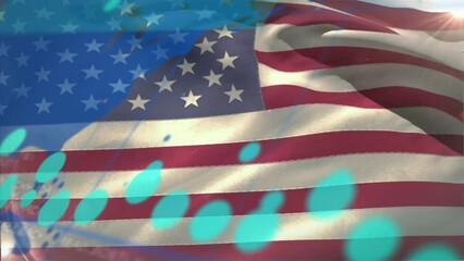 Animation of financial data processing and world map over flag of usa - Powered by Adobe