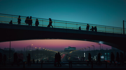 Pedestrians walking over big bridge in urban city at dusk