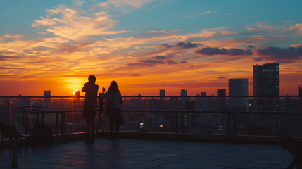 Fototapeta na wymiar Couple enjoying the sunset on rooftop over city