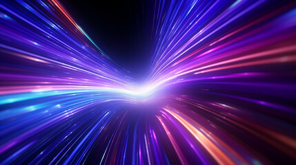 Vibrant neon tunnel with flowing light rays, in a colorful futurism style.