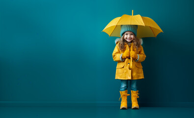 A sweet little girl in a yellow raincoat holding a bright umbrella against a blue background. Concept of childlike joy on a rainy day. Generative AI.
