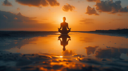 Woman doing yoga at beach at sunset