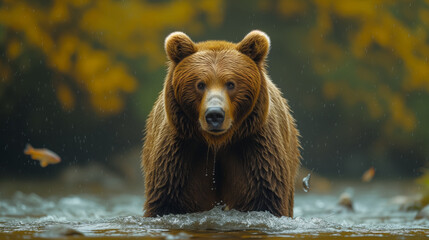 A bear fishes in a mountain river