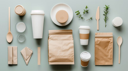 An assortment of biodegradable tableware items, including cups, plates, and utensils, arranged neatly on a neutral-toned surface. top view flat lay. Environmental conservation sustainable lifestyle.
