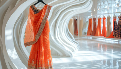 Saree Indian dress in white luxury boutique background. Indian attire in fashion store. Festive outfit. Beautiful Bollywood clothing. Stylish orange party dress. Handloom saree salon. Banner