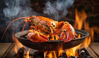 Canadian lobster grilled with grilled In a grill with flames 