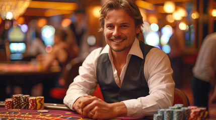 Happy man rejoices after winning poker in casino