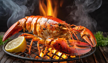 Canadian lobster grilled with grilled In a grill with flames  - obrazy, fototapety, plakaty