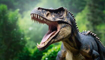 Fototapeta premium Big scary Dinosaur roaring in jungles, prehistoric plains. Ancient reptile with sharp teeth.