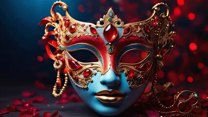 Red and blue Venetian mask for a masquerade party with red diamonds and golden relieve, shiny red glittering objects behind