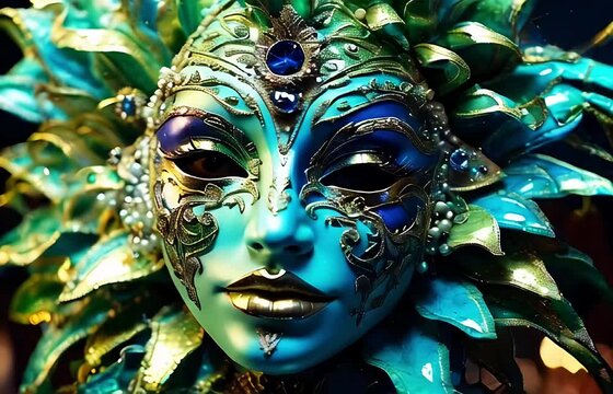 Close up photography design of traditional Venetian mask in emerald colors at a masquerade carnival party