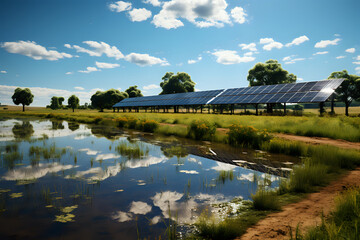 Sustainable Energy: Solar Panels by the Pond. A serene landscape showcasing solar panels beside a tranquil pond, reflecting the beauty of technology harmonized with nature