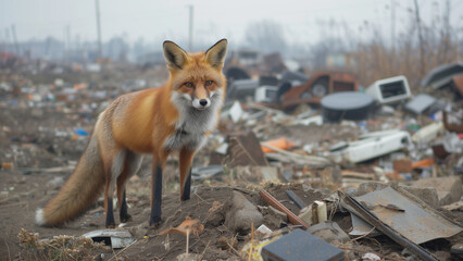 Naklejka na ściany i meble Unexpected Visitor: A Fox Wandering in a Home Appliance Graveyard