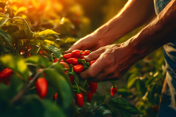 Spice of Life: A Farmer's Touch. In the glow of the setting sun, a farmer's weathered hands carefully select vibrant red chili peppers, a testament to the hard work and dedication behind  - obrazy, fototapety, plakaty