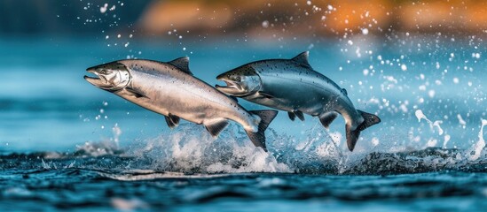 Fototapeta premium Two silver salmon jump from the waters of Resurrection Bay in Seward, Alaska.