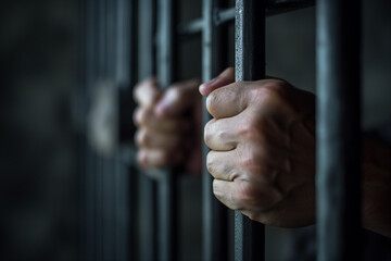 Detailed shot of a prisoner's hands holding onto prison bars