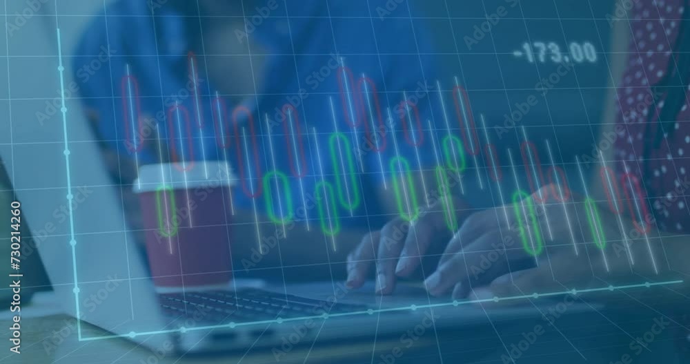 Poster animation of financial data processing over diverse colleagues discussing work in office