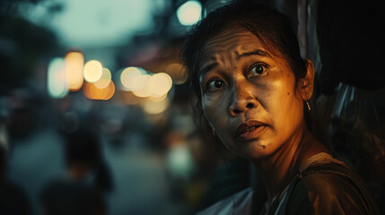 Cinematic portrait shot of an asian woman looking worried in urban streets