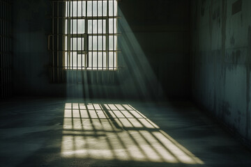 Perspective view from inside a prison cell, bars casting shadows on the floor, capturing the isolation and confinement, ambient light from a window