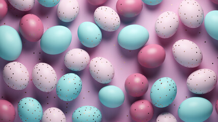Minimalist Easter background, scattered eggs on a plain pastel surface