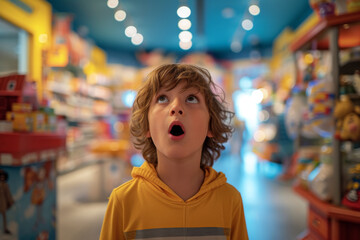 Young boy blown away by store's toys and articles getting excited and happy