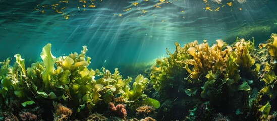 Underwater photograph of laminaria sea kale in a saltwater ocean reef.