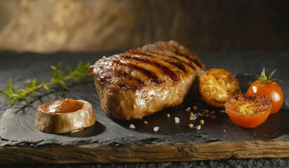 Charred pork steak and spices sit on a wooden table in a dark kitchen.