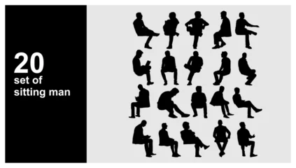 Foto op Canvas silhouette of sitting people man, men Vector silhouettes of  men, a group of sitting on a bench  business people, profile, black color isolated on grey background © Xharites