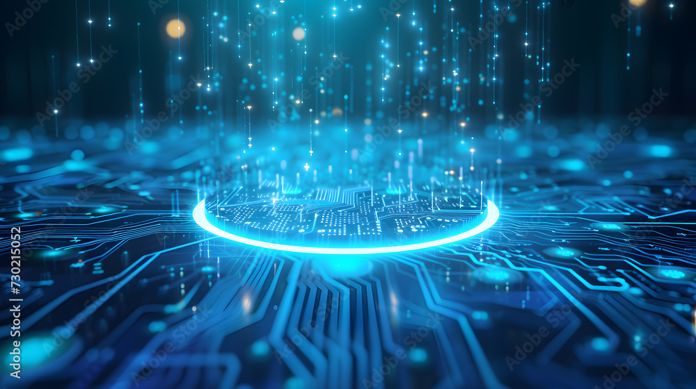 Aufkleber an image of a circuit board with a bright blue neon circle in the middle and light blue particles fl