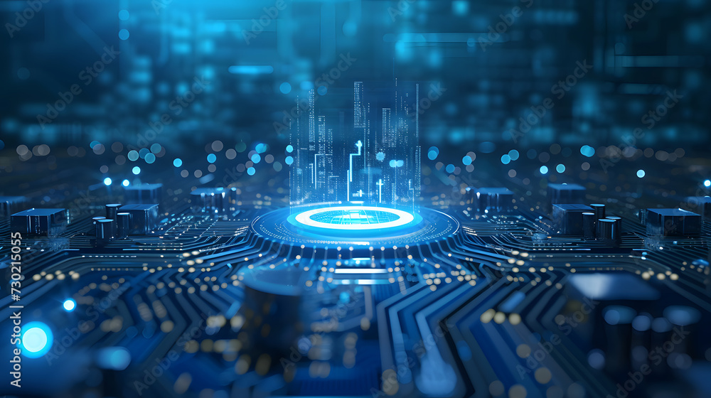 Poster an image of a circuit board with a bright blue neon circle in the middle and light blue particles fl