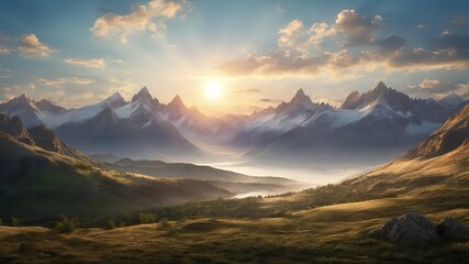 Golden sunset over majestic mountain peaks. Ideal for travel, nature themes. Sharp, dramatic...