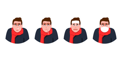 Set of young man sick on isolated background, Vector illustration.