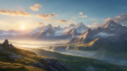 Golden sunset over majestic mountain peaks. Ideal for travel, nature themes. Sharp, dramatic...