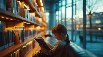 Little girl in library reading a children's book at sunset