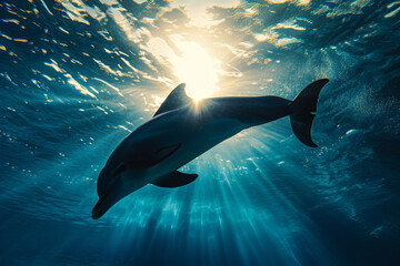 Underwater shot of dolphin swimming in the  with backlight