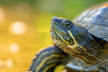 Closeup of turtle at a wild lake