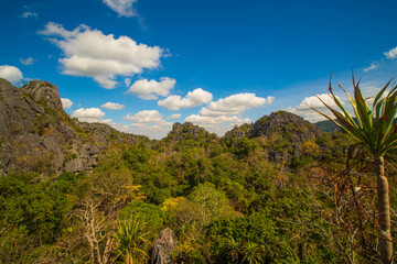 Aerial panorama of Thailand's  National Park, there is a well-known tourist destination with views of the forest and limestone mountain.
