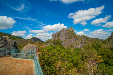 Fototapeta premium Aerial panorama of Thailand's National Park, there is a well-known tourist destination with views of the forest and limestone mountain.
