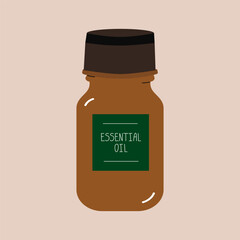 Brown bottle with lid and label for liquid essential oils. Bottle jar vector illustration clipart
