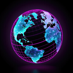 Digital world map terrestrial globe with neon glow against dark background