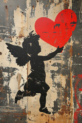 Drawing on the wall. Cupid. Angel with a heart. Generative AI