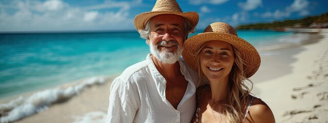 Happy beautiful mature couple relaxing on the beach near the ocean. Couple enjoying life and leisure at resort, related to travel, romance, beach vacations, and relaxation
