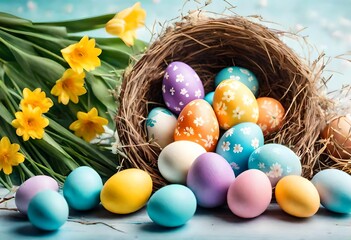 Fototapeta na wymiar Colorful Easter Eggs in a Nest with Yellow Flowers, Happy Easter Bunny