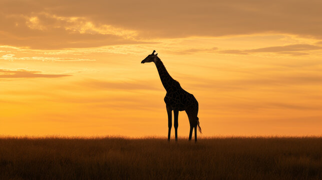 Giraffe silhouette at sunset in savanna