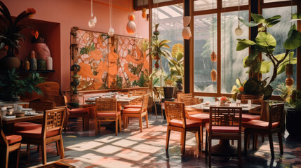 Fototapeta na wymiar Warm Bali sunlight cafe interior with Peach Fuzz color walls, maximalist design