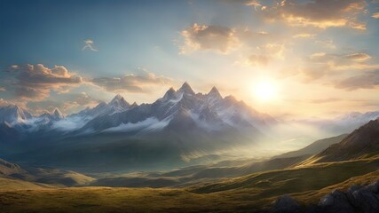 Golden sunset over majestic mountain peaks. Ideal for travel, nature themes. Sharp, dramatic...